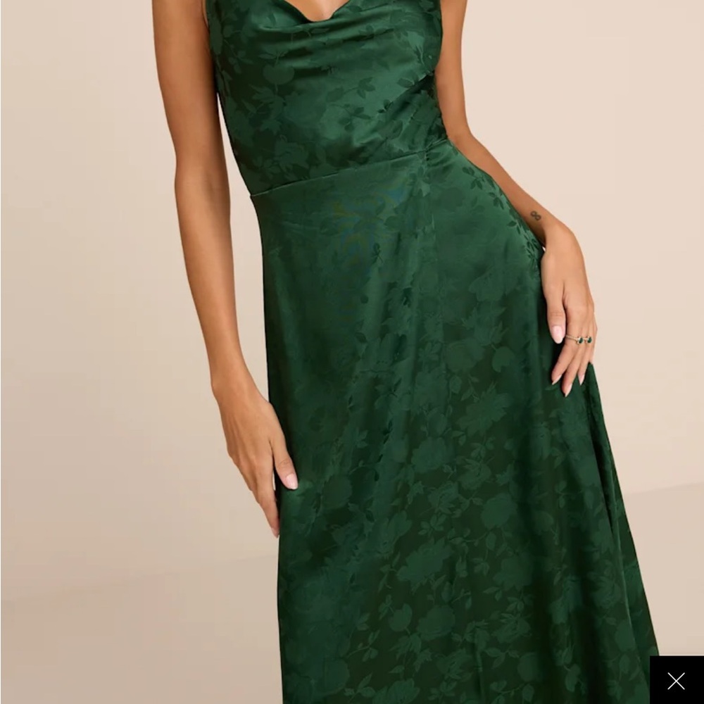 Lulus Simply Dreamy Emerald Green Satin Floral Jacquard Dress *Length Altered*